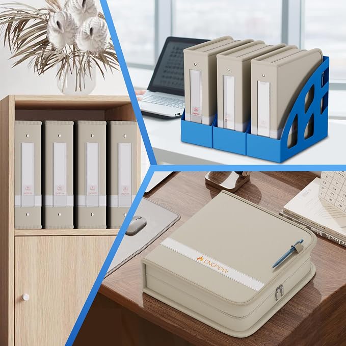 ENGPOW 3 Ring Binder,Fireproof 3" D Ring Organizer with Zipper & Pockets | Holds 750 Sheets,Non-Stick,PVC-Free,Compatible with Sheet Protectors,Durable School Office Home Safe Storage for Paper,Beige