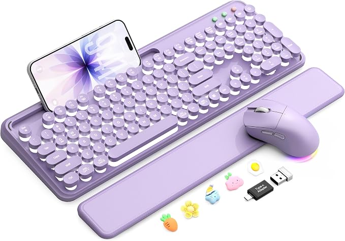 Wireless Keyboard and Mouse, Backlit Typewriter with Magnetic Wrist Rest | Phone Holder, Light Up Round Keycaps, Lighting Mouse, 2.4GHz Cordless Set for Mac, Windows, PC, Laptop, SABLUTE