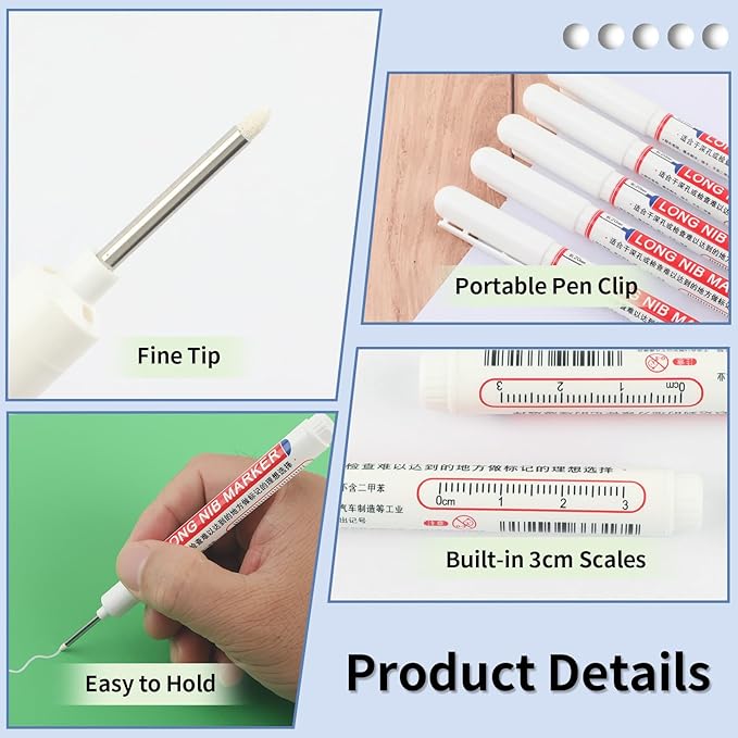 15 Pcs Long Nib Marker, 20 mm Long Head Deep Hole Marker Pens, Fine Nose Tip Deep Reach Permanent Paint Markers for Metal, Marking Pen for Drilling, Carpenter, Woodworking, Construction (White)
