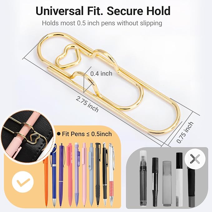 Heart Paper Clip Pen Holder for Notebooks, 9-Pack Metal Pen Clip | Paperclip Pen Holder Clips for Journal and Planner, Cute Stationery Accessories for School, Office