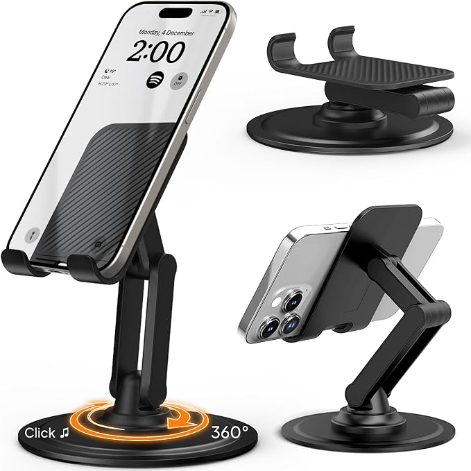 COOPER 360° Stand Rotating Cell Phone Stand for Desk, Desktop Phone Holder | 360° Click Rotating, Adjustable, Foldable, Portable, Metal Base, Cell Phone Holder for Desk; Fits all Samsung, Android Phones
