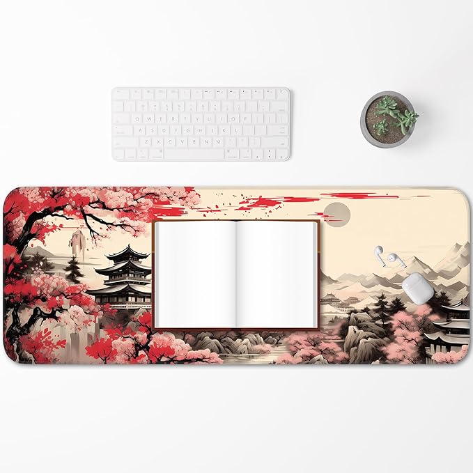 Japanese Sakura Gaming Mouse Pad, Non-Slip Rubber Base, Stitched Edges, for Office, Gaming, Home, 31.5x11.8 Inch, Desktop Decoration
