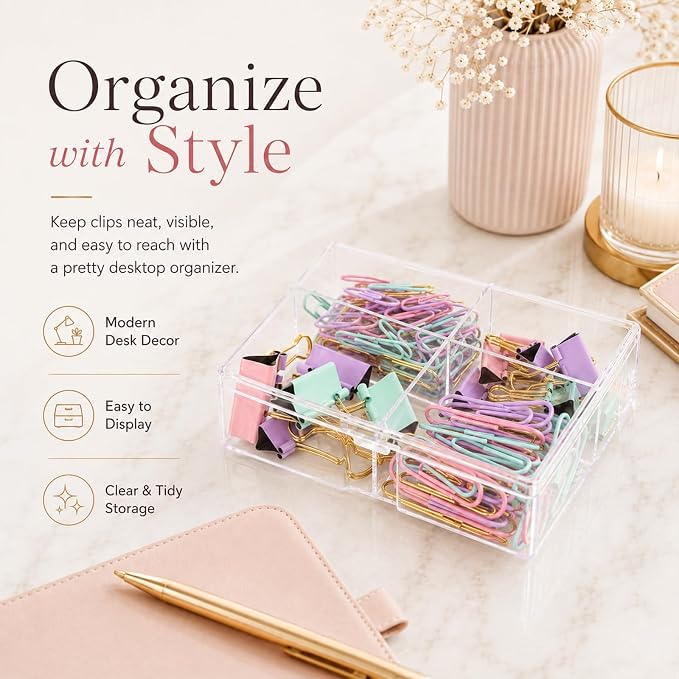 Paper Clips and Binder Clips Set, Pastel Color, Assorted Size Clip | 165-Piece Decorative Paper Clip Set, Cute Desk Accessories for School, Home, Office, Desk, Planners and Documents