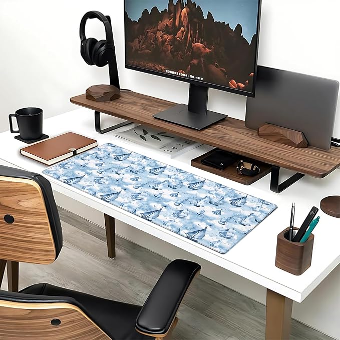 Sailboat Extended Mouse Pad 31.5x11.8in, Blue Ocean Cloud Pattern Large Desk Mat with Non-Slip Rubber Base, Big Mousepad for Laptop Computer PC, Gaming Office Home Decor, Deskmat Gifts