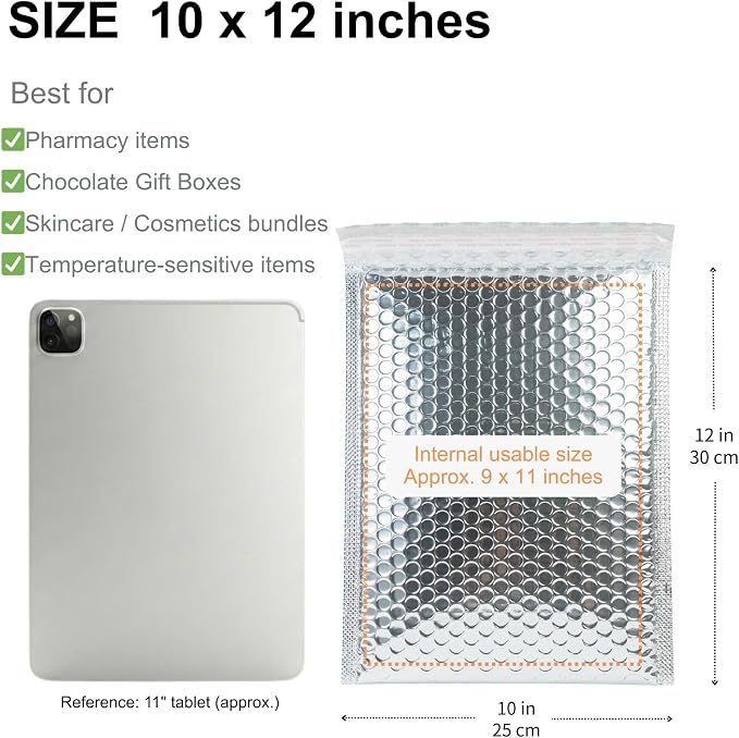 50 Pack 10x12 Inch Insulated Bubble Mailers for Cold Shipping, Silver Foil | Metallic Thermal Padded Shipping Bags with Self-seal Closure, Water-resistant and Protective Bubble Cushioning Envelopes