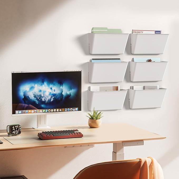 Clear Acrylic Single Pocket, Plastic Hanging Wall Mount File Holder for Office Home (White, 6 Pack)