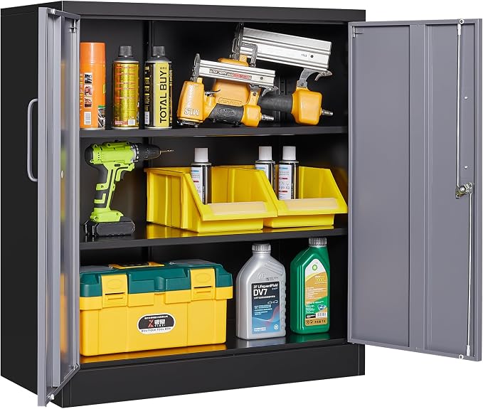 Metal Storage Cabinet with Doors and Shelves,Garage Storage Cabinet with Lock,Black Grey Metal Cabinets with Locking Doors,Steel Cupboard for Home,Office,Garage Cabinets 36" H