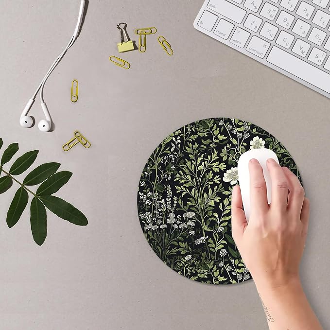 Floral Green Plant Mouse Pad, Vintage White Flower Botanical Cottagecore Mousepad Mouse Mat with Non-Slip Rubber Base for Home Office Desk Accessories, Green Office Supplies, 7.9x7.9 Inch