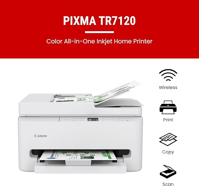 Canon PIXMA TR7120 Wireless Color Inkjet Printer for Duplex Printing, White – Home Printer with Copier/Scanner, Auto Document Feeder, Compact Design, Intuitive Control Panel