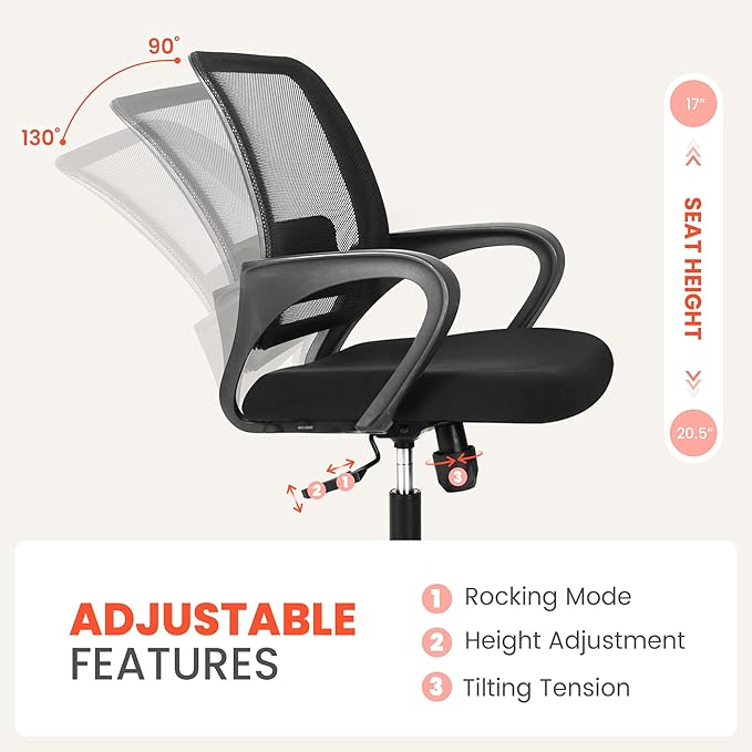 NEO Chair Office Desk Ergonomic Mesh Computer Chair with Lumbar Support Adjustable Height Swivel Rolling Wheels Comfy Mid Back Task Chair for Home Bedroom Vanity Study (Black)