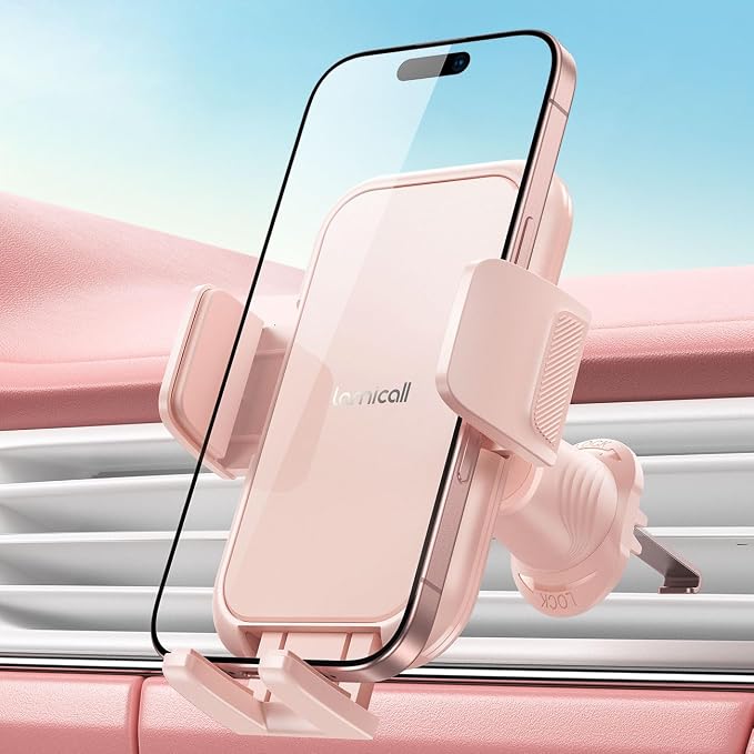 Lamicall 2026 Wider Clamp & Metal Hook Car Phone Holder Vent Accessories | Thick Cases Friendly Phone Holders for Your Car Mount Hands Free for Women Men Gift for iPhone 17 16 15 14 13 12 Pro Max Pink