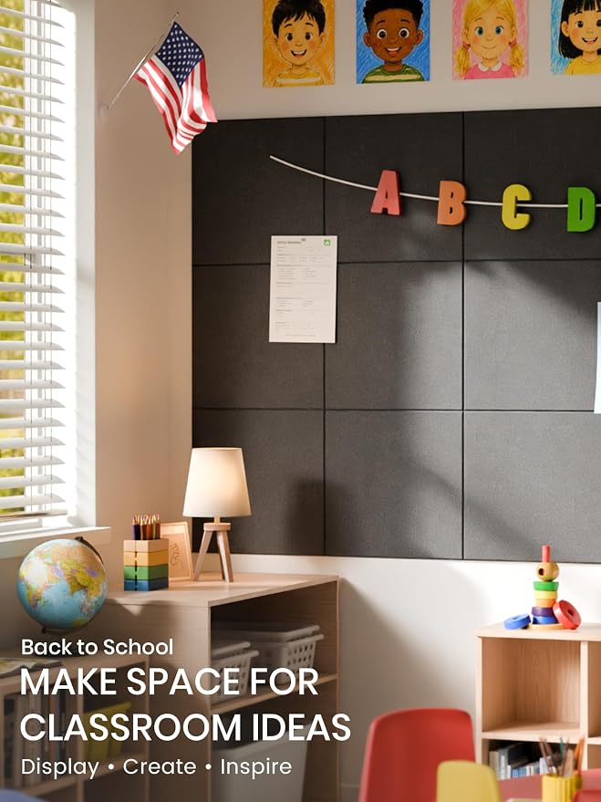 Bumusty 48"x 36" Large Felt Bulletin Board Tiles, Charcoal Gray | 12-Pack Cork Board Alternative, Wall Decor, 30 Pushpins, 60 Adhesive Tabs, Vision Board, Office, Classroom, Home, Dorm