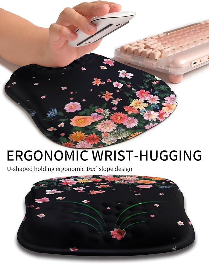 Hokafenle Ergonomic Wrist-Hugging Mouse Pad Wrist Support, U-Shaped Holding Wrist Rest Mousepad for Carpal Tunnel Pain Relief with Cushioned Memory Foam Slope Massage Bulge (10.2x8.3 in,Fall Flower)