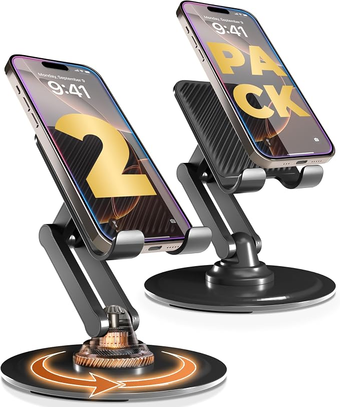 COOPER 360° Stand Rotating Cell Phone Stand for Desk, Desktop Phone Holder | 360° Click Rotating, Adjustable, Foldable, Portable, Metal Base, Cell Phone Holder for Desk; Fits all Samsung, Android Phones