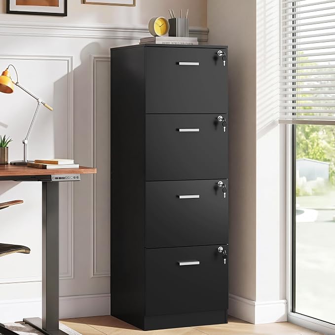 DEVAISE 4 Drawer Vertical File Cabinet, Wood Filing Cabinet with Lock | Home Office File Storage Cabinet for Letter and A4 Size, Printer Stand, Black