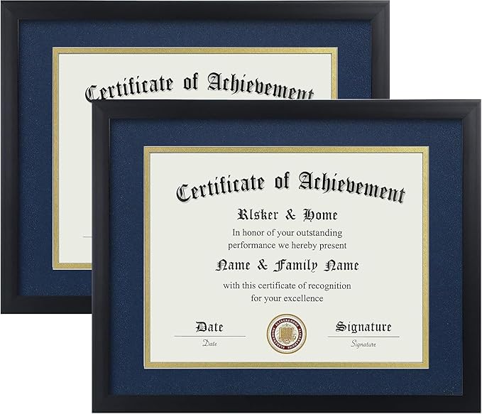 ELSKER&HOME 8.5x11 Certificate Frame with Blue Mat 2Pack- Classic Black Color Frame - Displays Diploma 8.5x11 Inch with Mat - 11x14 Inch Without Mat - For Document/Photo(2 Pack, Matte Blue with Gold