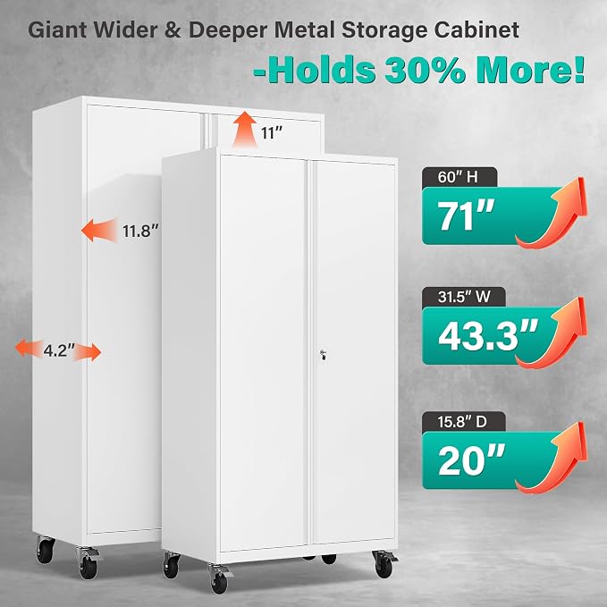 White Wide & Deep Metal Storage Cabinet with Wheels,Tall Rolling Garage Storage Cabinet with Lock,Black Metal Cabinets with Shelves and Pegboards,Tool Locker for Garage,Home,Office