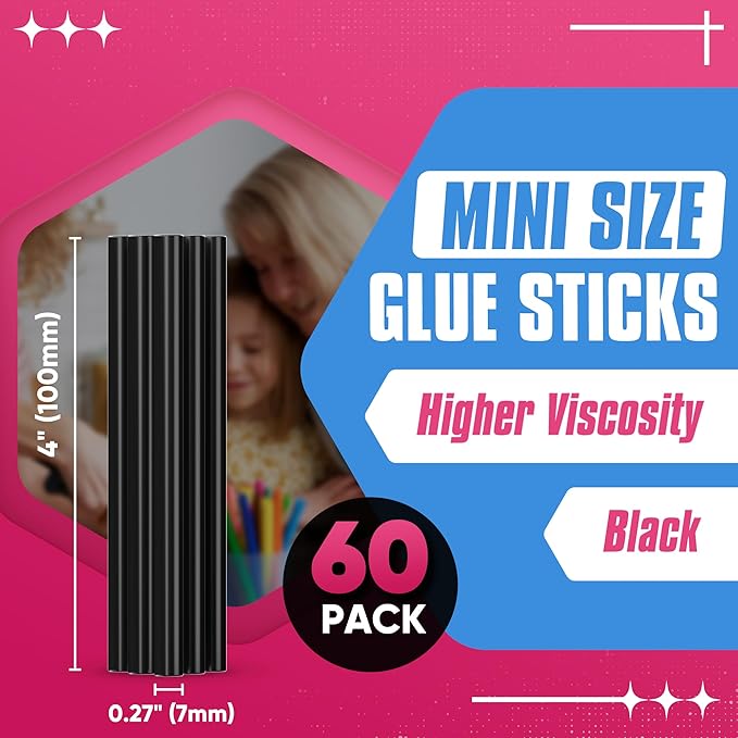 EZUVITA Mini Size Hot Glue Sticks, 0.27” Dia x 4” Long, 60-Pack Black Hot Melt Glue Gun Sticks for All-Temp Mini Glue Guns, Multipurpose for DIY Art Craft General Repairs, Festival Decorations