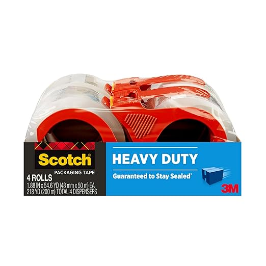 Scotch Heavy Duty Shipping Packing Tape, Clear, Shipping and Packaging Supplies, 1.88 in. x 54.6 yd., 4 Tape Rolls with 4 Dispensers