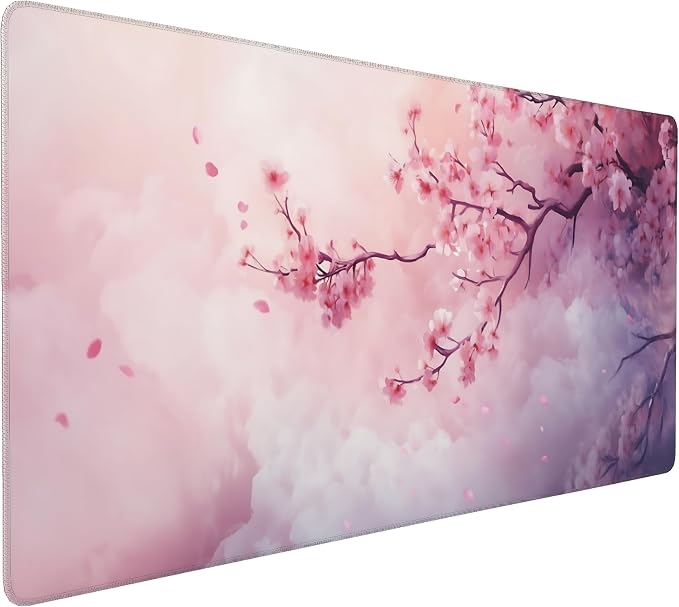 Cute Floral Aesthetic Cherry Gaming Mouse Pad, Pink Dreamy Desk Mat with Anti-Slip Base & Stitched Edges, Office & Home Desk Decor for Women, 35.4" x 15.7" in Computer Desktop Mat