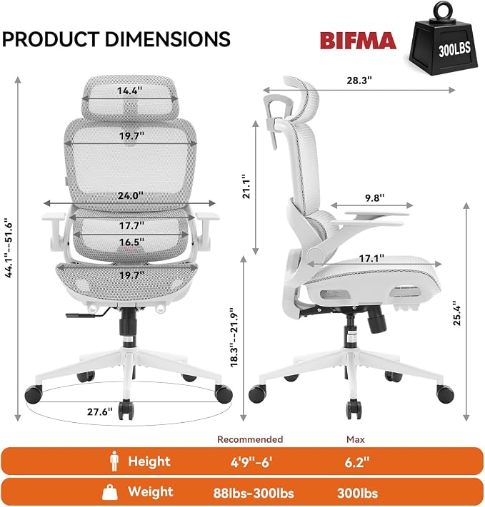 SIHOO B100 Mesh Ergonomic Office Chair with Adaptive Lumbar Support | Desk Chair with Wide Headrest, Flip-up Armrests, Swivel Desk Chair for Long Hours, Grey