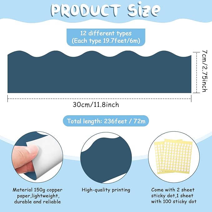 Containlol 236ft Boho Color Bulletin Board Decoration, Spring Classroom Bulletin Board Borders Soft Scalloped Trim for School Office Poster Chalkboard Whiteboard Wall Decor