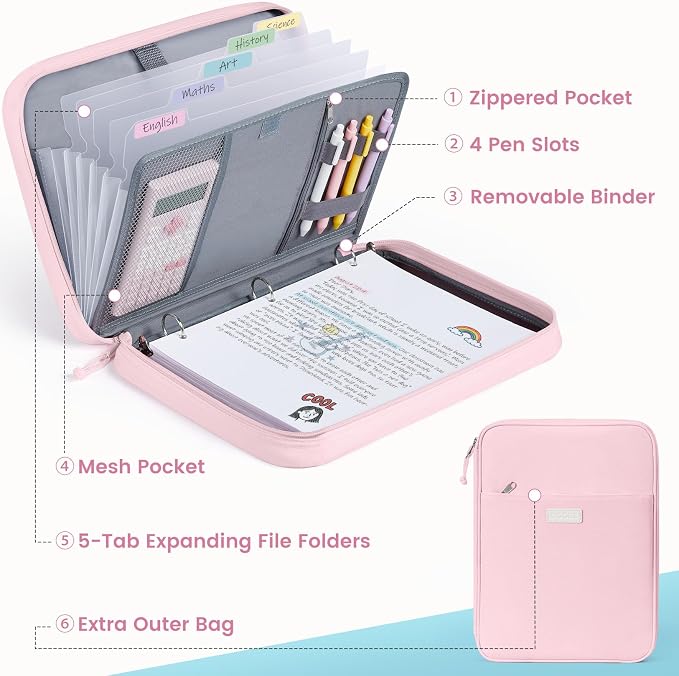 Sooez Zipper Binder Bag, 1 Inch Binders 3 Ring O-Ring, 5-Tab Divider Folder | Expanding File Folder, 500-Sheet Capacity Three Ring Binder, Cute Organizer Storage Student School Classroom Supplies, Black