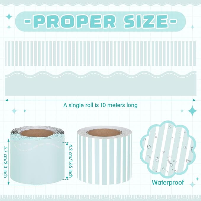 2 Rolls 65.6ft Pastel Green Striped Bulletin Board Borders Decoration Scalloped and Straight Edge Blue Bulletin Borders Board Trim for Office School Classroom Chalkboard Party Decoration