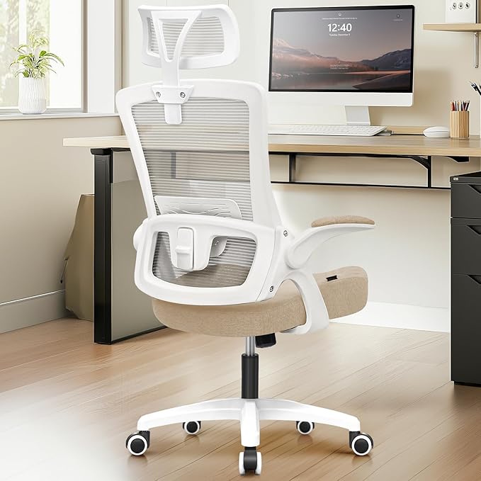 NEO CHAIR Office Desk Chair with Ergonomic High Back Mesh Headrest, Beige | Adjustable Headrest and Lumbar Support with Flip-Up Armrests Designed for Extended Sitting Comfort While Saving Space