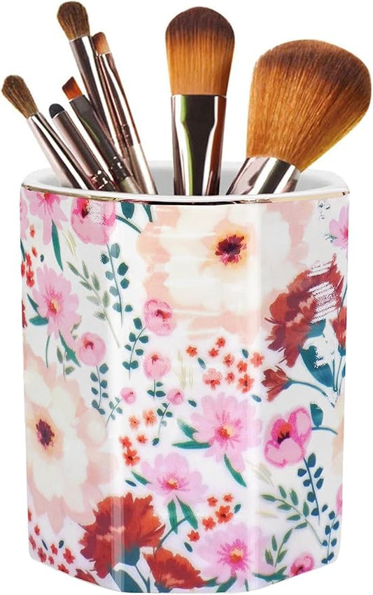 Large Capacity Colored Pen Holder for Desk, Ceramic Pencil Holder Pen Cup Marker Holder Floral Makeup Brush Holders, Desk Accessories & Workspace Organizers for Home, School & Office(Pink White)