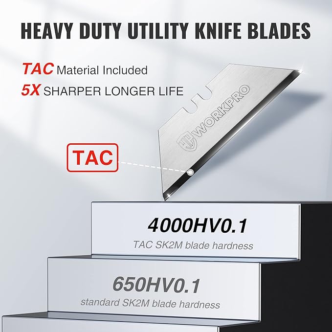WORKPRO Premium Utility Knife Blades, TAC Diamond Coated SK2M, 10-Pack Utility Blades Replacement with Dispenser