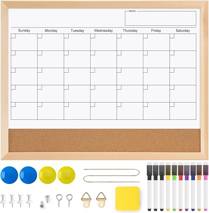 OWLKELA Monthly Dry Erase Calendar, 17 x 13 inch, Wood Frame | Magnetic Bulletin Whiteboard, with Cork Board, Ideal for Office, Home and School