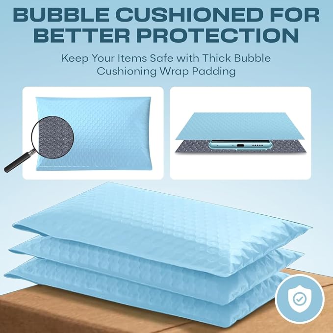 Light Blue Bubble Mailers 12x15, Self Seal Poly Padded Envelopes, 100 Pack | Holds Clothing & Bulk Items, No Tape Needed, Cushioned Protection, Water-Resistant Poly, Bulk Pack for Small Business