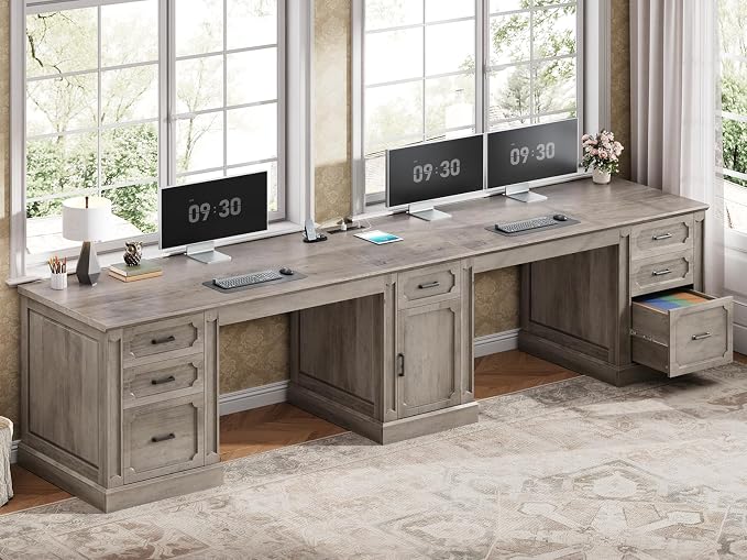 SEDETA Farmhouse 110.3" Two Person Desk with 7 Drawers, Long Computer Desk with Storage Cabinet, 2 Person Desk with Power Outlets for Home Office, Gray