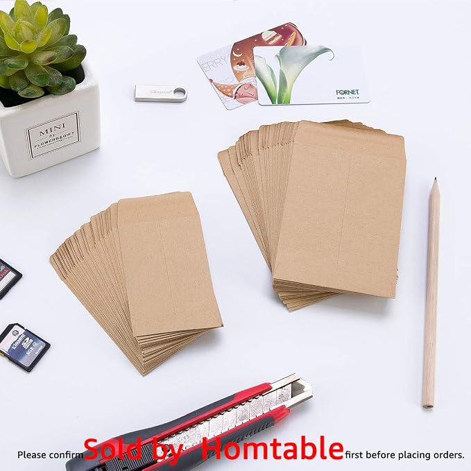 1000 Pack Small Coin Envelopes Kraft Paper 2.25"×3.5" | Self-Adhesive, Seed Envelopes, Mini Parts & Small Items Storage, For Garden, Office or Wedding Gift