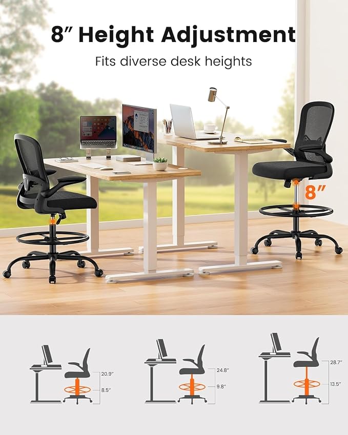 ErGear Drafting Chair, Standing Desk Chair with Flip-Up Armrests, High Desk Chair Adjustable Height, Ergonomic Tall Office Chair with Lumbar Support and Adjustable Footrest Ring