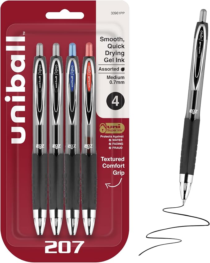 uniball™ 207 Gel Pens, Assorted Ink, 0.7mm Medium Point, 4 Count | Retractable, Smooth Writing, Fraud-Resistant, uni Super Ink™