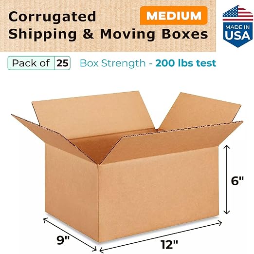 Medium Moving & Shipping Boxes 12"L x 9"W x 6"H (25-Pack) - Extra Strength 200 lb vs Regular - Corrugated Packing Boxes for Moving Medium Volume by IDL Packaging | Extra Strength 200 lb vs Regular - Corrugated Packing Boxes for Moving Medium Volume by ...