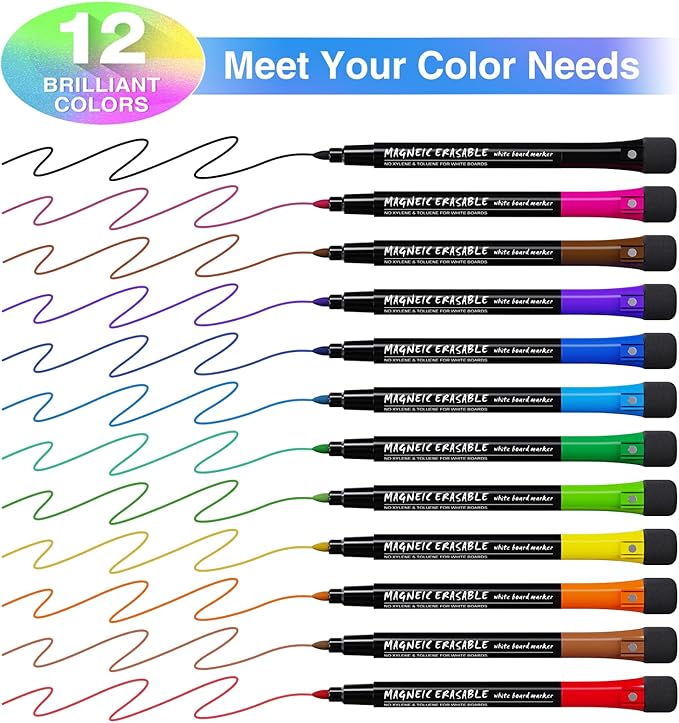 Magnetic Dry Erase Markers Fine: 12 Colors Erasable Whiteboard Markers Fine Point with Eraser Cap, Low Odor White Board Dry Erase Pens Fine Tip for Kids & Teachers, Home, Office and School Supplies