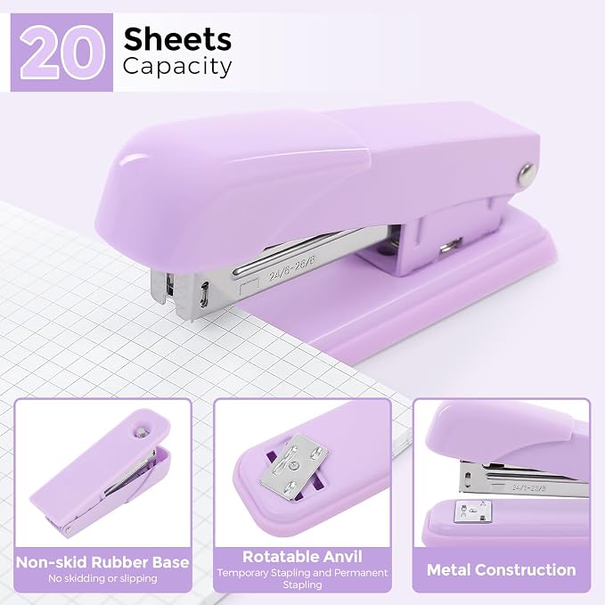 SKYDUE Purple Office Supplies Set with Pencil Holder for Desk,11 PCS | Desk Supplies Sets with Stapler,Tape Dispenser, Scissors, Ruler, Binder/Paper Clips and 1000pcs Staples,Office Decor