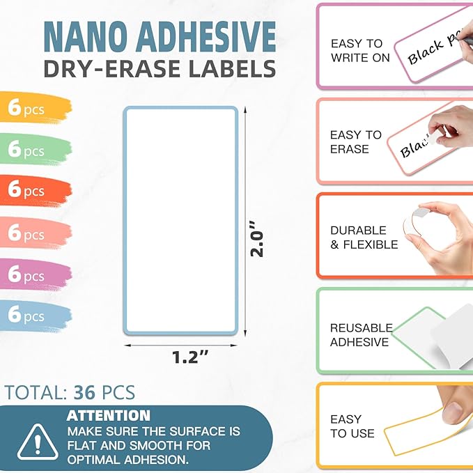 PPB Dry Erase Labels Sticky Notes for Organizing, Reusable Waterproof Removable Stickers for Storage Bins, Freezer, Kitchens, Classroom, Office, All Purpose Use (1.5”x 3.5”, Multicolor, 36 Dots)