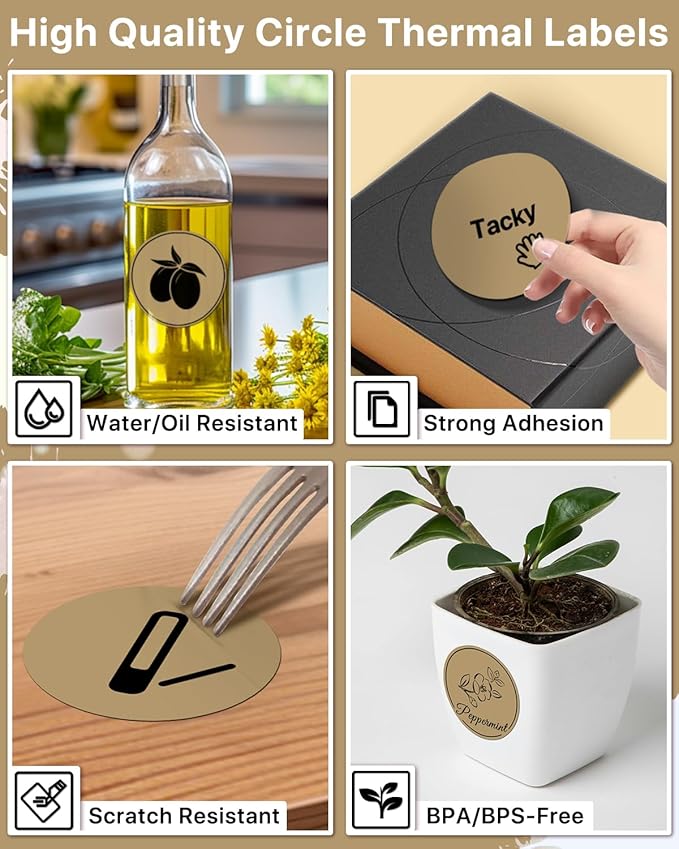 3 Inch Round Thermal Printer Label Stickers Self-Adhesive Circle Convenient Multi-Purpose Blank 3" Sticker Roll for Family Classification, DIY Envelope and Gift Sealing, Brown (500Pcs)