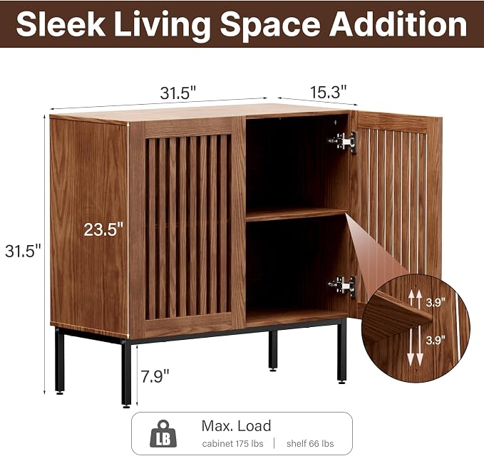 BVIUNTWO Storage Cabinet, Modern Coffee Bar with Adjustable Shelf and Metal Base, 32 Inch Wood Multifunctional Console Table for Kitchen, Living Room, Entryway, Brown