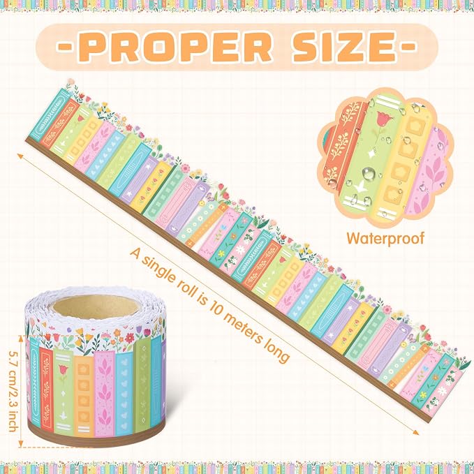 32.8 Ft Bookshelf Bulletin Board Borders Wildflower Scalloped Trim | Classroom Library Decoration by Teachers, Back to School Bulletin Trim, Colorful Book Design in Reading Corner Party
