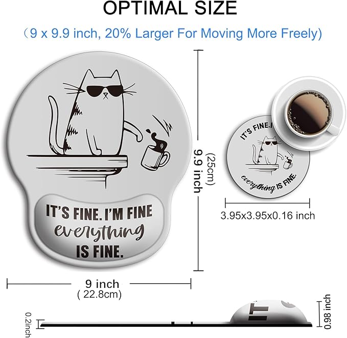 Ergonomic Mouse Pad with Wrist Support Rest,Large Mousepad Gel Wrist Rest, with Coaster Non-Slip & Pain Relief for Computer, Desk, Home&Office-Black Cute Funny Cat