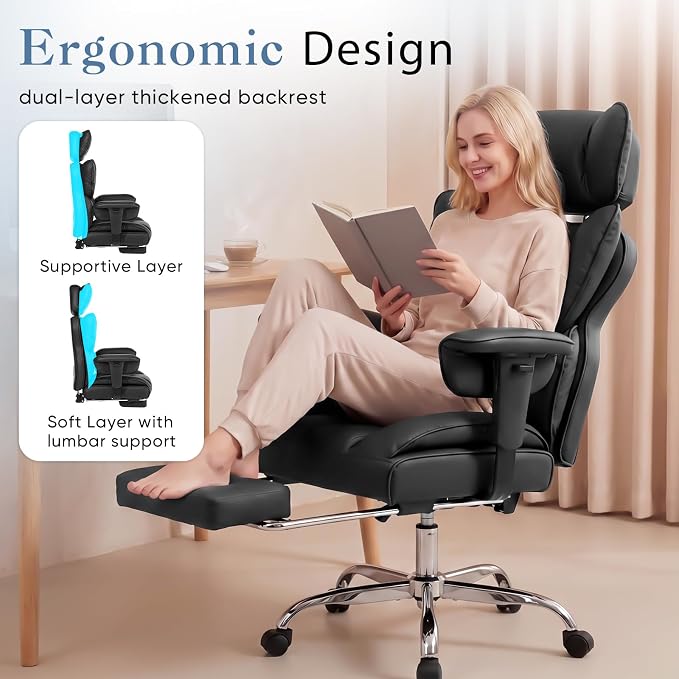 DUMOS Big and Tall Home Office Desk Chair, Executive Chair with Footrest | PU Leather, Ergonomic Comfy Lumbar Support, High Back Reclining, Adjustable Armrests, Black