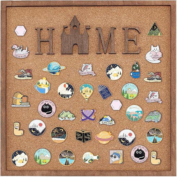 BENECREAT Square Home Word Pin Board Cork Board, 11.8x11.8inch Bulletin Display Board Wall Mounted Cork Board with Saddle Brown Frame for Brooch Pin Storage Display, Office Home Decor