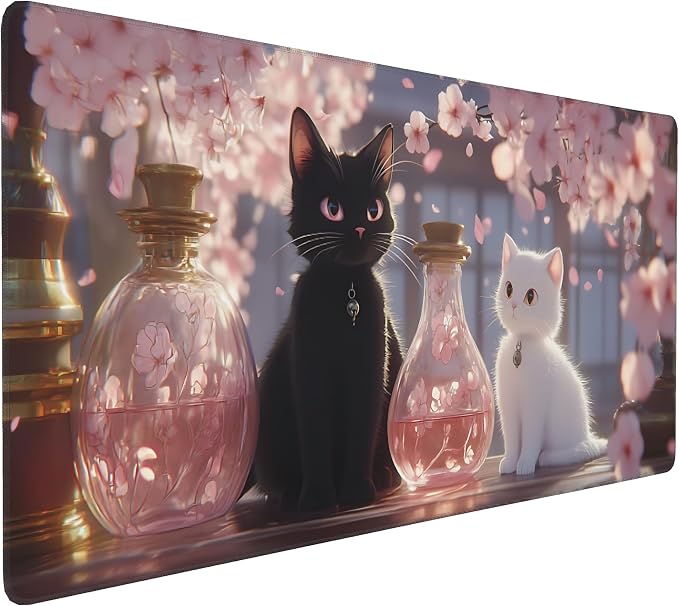 Cute Anime Black&White Cat Gaming Mouse Pad, Pink Dreamy Desk Mat with Anti-Slip Base & Stitched Edges,35.4" x 15.7" in Table Mat for Computer Desktop, Beautiful Workstation Decor