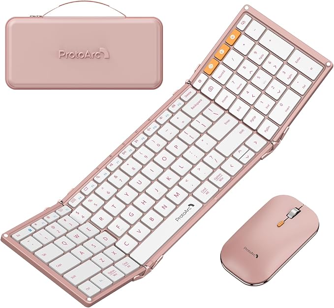 ProtoArc XKM01 Full-Size Foldable Keyboard Mouse Combo for Travel - Pink | 105-key keyboard, slim mouse, hard case and phone stand; 3-device Bluetooth & 2.4G switching, for travel office use