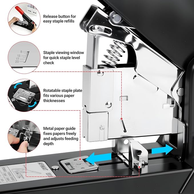 AFMAT Heavy Duty Stapler, 210 Sheet Staplers for Desk with 7000 Staples, Jam-Free, 50000+ Uses, 60% Reduced Effort, Easy Reload, Adjustable Paper Guide, Large Metal Manual Office Staplers, ES15